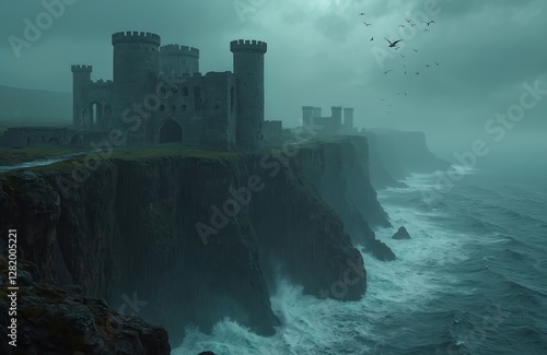 Ancient castle ruins stand on stormy cliff overlooking the sea in fog. Medieval architecture with towers, bridge on coast. Birds fly under dark cloud. Stone fortress on ocean shore.
