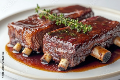 A close-up of braised beef short ribs on a plate with a rich sauce and thyme garnish, highlighting gourmet meat dish, perfect for restaurant menus.