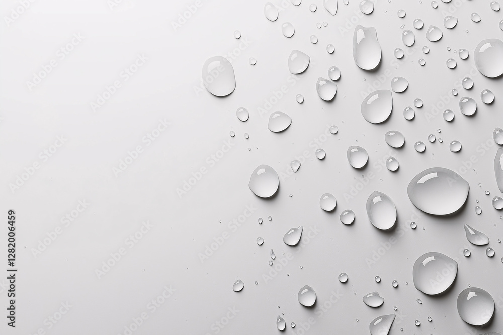 Clear water droplets scattered on a smooth white surface create a refreshing and serene atmosphere Clear water droplets scattered on a smooth white surface create a refreshing and serene atmosphere
