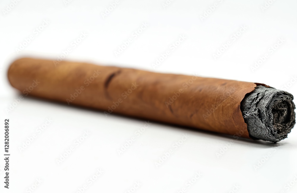 Macro shot of brown cigar with ash, isolated on white background. Rolled tobacco product for smoking. Symbol of unhealthy nicotine addiction and luxury lifestyle. Cuban cigar for relax. Macro shot of brown cigar with ash, isolated on white background. Rolled tobacco product for smoking. Symbol of unhealthy nicotine addiction and luxury lifestyle. Cuban cigar for relax.