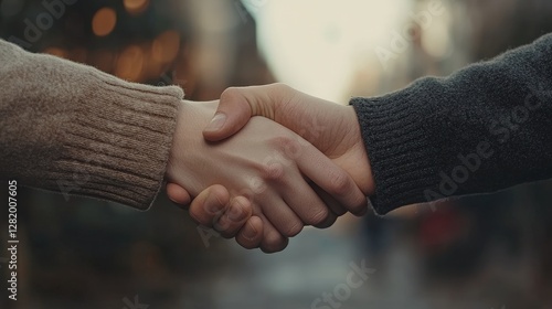 Wallpaper Mural Two people shake hands, symbolizing agreement, friendship, or partnership in a warm, urban setting. Torontodigital.ca