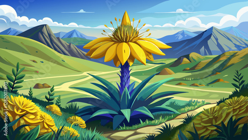 Ethiopian Highlands' rare Giant Lobelia bursts into stunning yellow bloom, a hillside marvel of African flora.