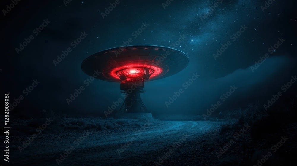 An eerie image of a red illuminated satellite dish against a mysterious night sky, creating a captivating mood that reflects on secrecy and technological wonders. An eerie image of a red illuminated satellite dish against a mysterious night sky, creating a captivating mood that reflects on secrecy and technological wonders.