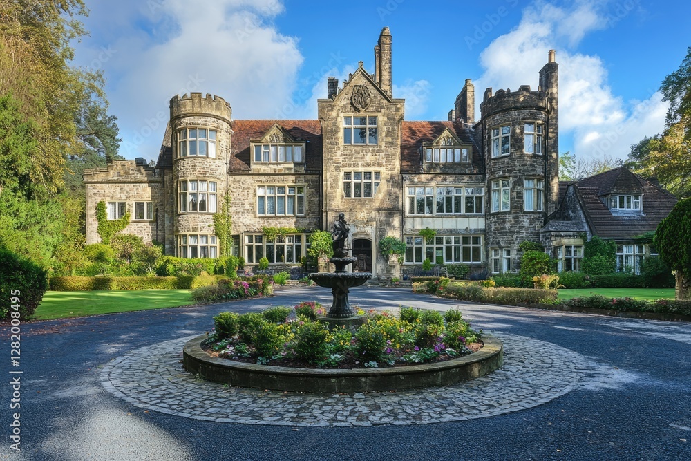 Fototapeta premium Luxury castle mansion with a circular driveway and beautifully landscaped gardens