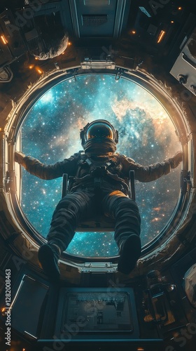 An astronaut gazes out into the vast cosmos through a circular window, surrounded by stars and colorful nebulae, capturing the awe of space exploration.