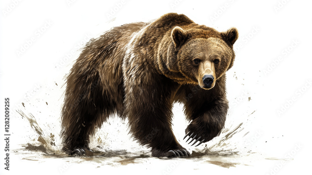 Fototapeta premium Powerful Brown Bear Running in Mud with Intensity and Strength