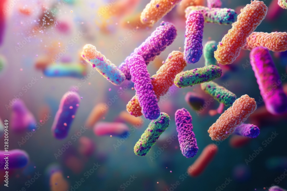 Fototapeta premium Colorful microscopic bacteria floating in a vibrant environment, showcasing intricate textures. Concept of microbiology, science, and microscopic life. Copy space