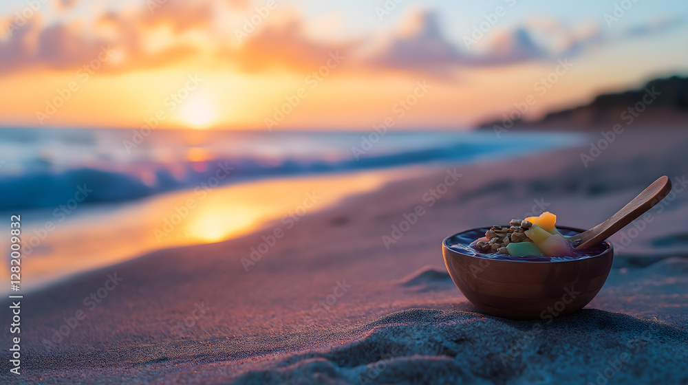 Refreshing post-workout acai smoothie on a beach at sunset creating a vibrant and tranquil atmosphere for relaxation Refreshing post-workout acai smoothie on a beach at sunset creating a vibrant and tranquil atmosphere for relaxation