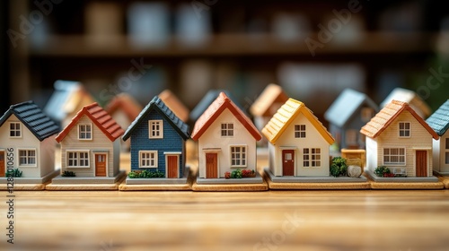 Wallpaper Mural Colorful miniature houses lined up on a wooden table with a blurred background of shelves Torontodigital.ca