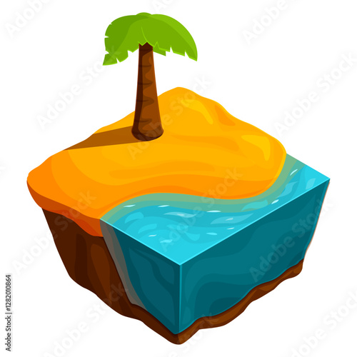 isometric game beach landscape with palm tree flying island, vector illustration