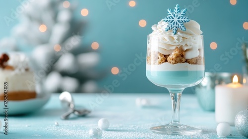 A richly layered blue dessert with creamy toppings showcases delightful textures and flavors, creating a vibrant visual for holiday celebrations and festive indulgence. photo