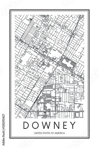 Printable downtown road map poster of the USA town of DOWNEY on solid white background with city name
