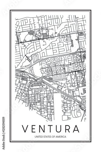 Printable downtown road map poster of the USA town of VENTURA on solid white background with city name