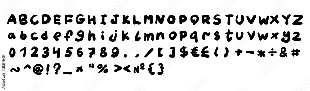 Black doodle english latin abc alphabet font with digits and symbols handwritten A to Z, 0 to 9 collection. Vector illustration in hand drawn scribble style isolated on white background. Design, menu. Black doodle english latin abc alphabet font with digits and symbols handwritten A to Z, 0 to 9 collection. Vector illustration in hand drawn scribble style isolated on white background. Design, menu.