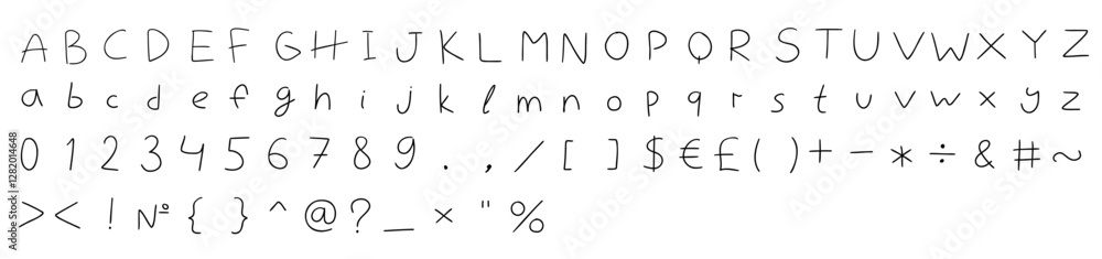 Light english latin abc alphabet font with digits and symbols handwritten A to Z, 0 to 9 collection. Vector illustration in doodle style isolated on white background. Design, menu, presentation, brand Light english latin abc alphabet font with digits and symbols handwritten A to Z, 0 to 9 collection. Vector illustration in doodle style isolated on white background. Design, menu, presentation, brand