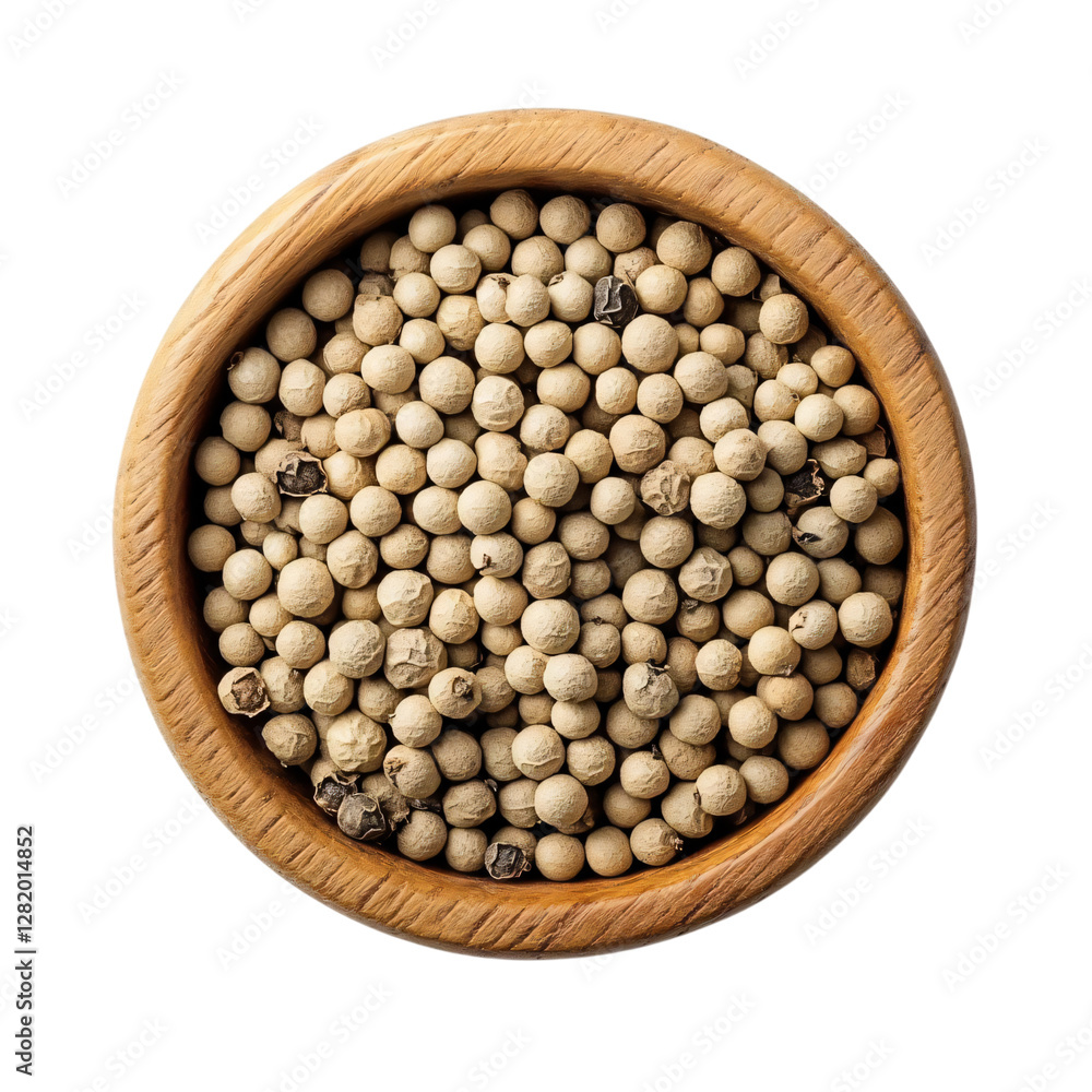 White pepper in wooden cup top view isolated on transparent background White pepper in wooden cup top view isolated on transparent background