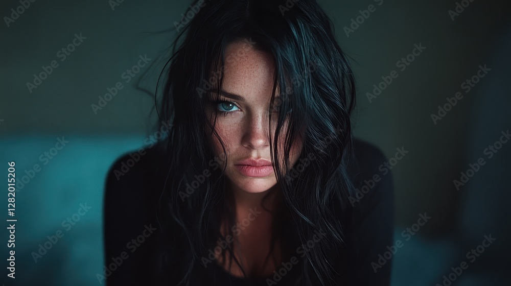 A captivating close-up portrait showcasing a woman's facial features, highlighted by her intense gaze and flowing dark hair against a moody soft background. A captivating close-up portrait showcasing a woman's facial features, highlighted by her intense gaze and flowing dark hair against a moody soft background.