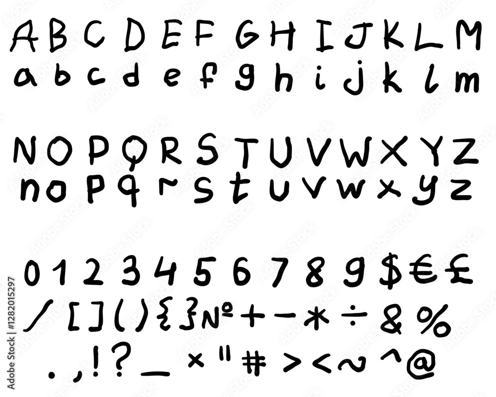 Childlike black english latin abc alphabet font with digits and symbols handwritten A to Z, 0 to 9 collection. Vector illustration in doodle style isolated on white background. For menu. design, art. Childlike black english latin abc alphabet font with digits and symbols handwritten A to Z, 0 to 9 collection. Vector illustration in doodle style isolated on white background. For menu. design, art.