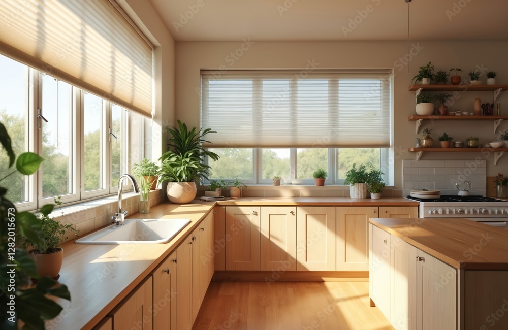 Bright sunny kitchen with automated blinds, shades. Light filters through window, providing privacy in modern home interior. Window treatment for sunny day. Generative AI image shows kitchen design. Bright sunny kitchen with automated blinds, shades. Light filters through window, providing privacy in modern home interior. Window treatment for sunny day. Generative AI image shows kitchen design.