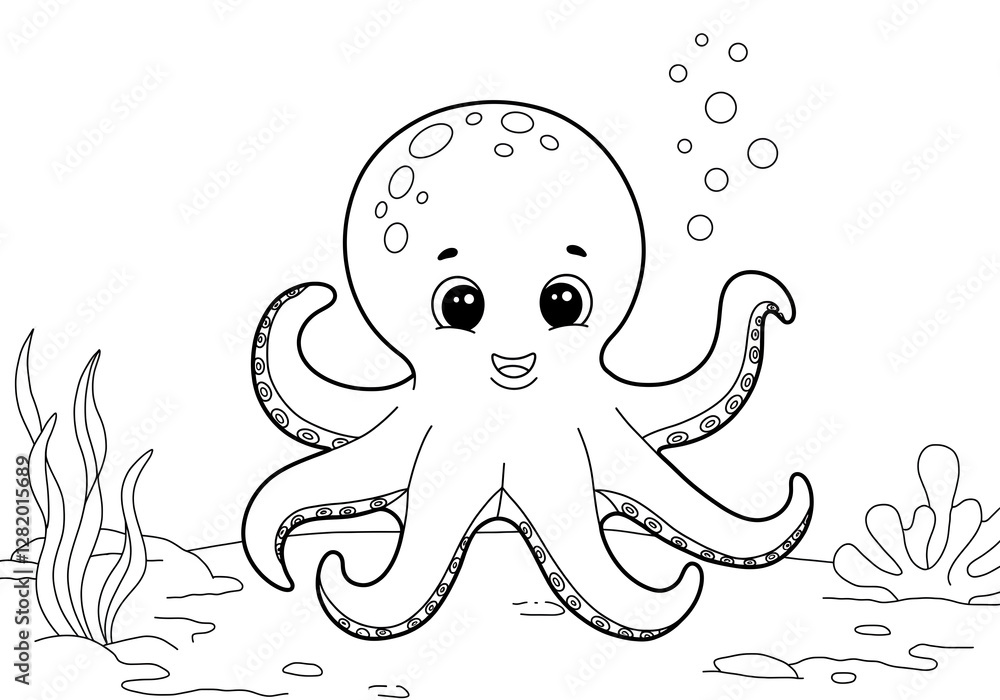 Black and white cute baby octopus coloring page, standard print size Black and white cute baby octopus coloring page, standard print size