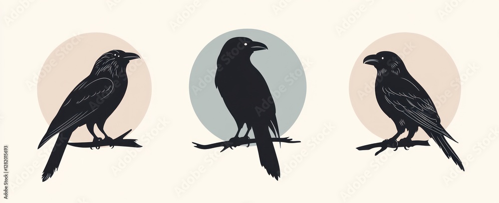 Fototapeta premium Three Black Bird Silhouettes Perched On Branches