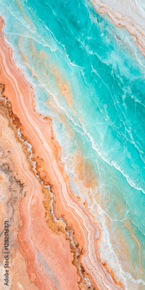 Fototapeta premium Abstract Natural Marble Texture With Vibrant Blue And Peach Tones. Elegant Mineral Pattern With Gold Accents Creating A Luxurious And Modern Aesthetic. Ideal For Interiors, Branding, And Fashion