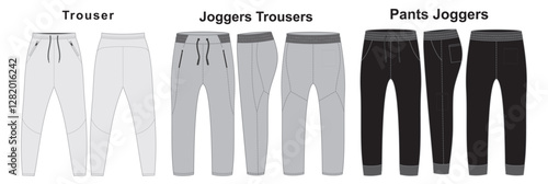 Set of Pants Joggers Trousers - Technical Flat Drawing of Jeans Pants, Cargo Sweatpants Design with Pocket - Activewear Fashion Technical Illustration - Front and Back Views, Men Women Unisex Trousers