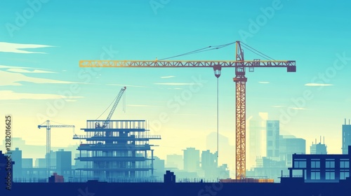 Wallpaper Mural construction crane at building site, industrial equipment, urban development, blue sky background, modern architecture Torontodigital.ca