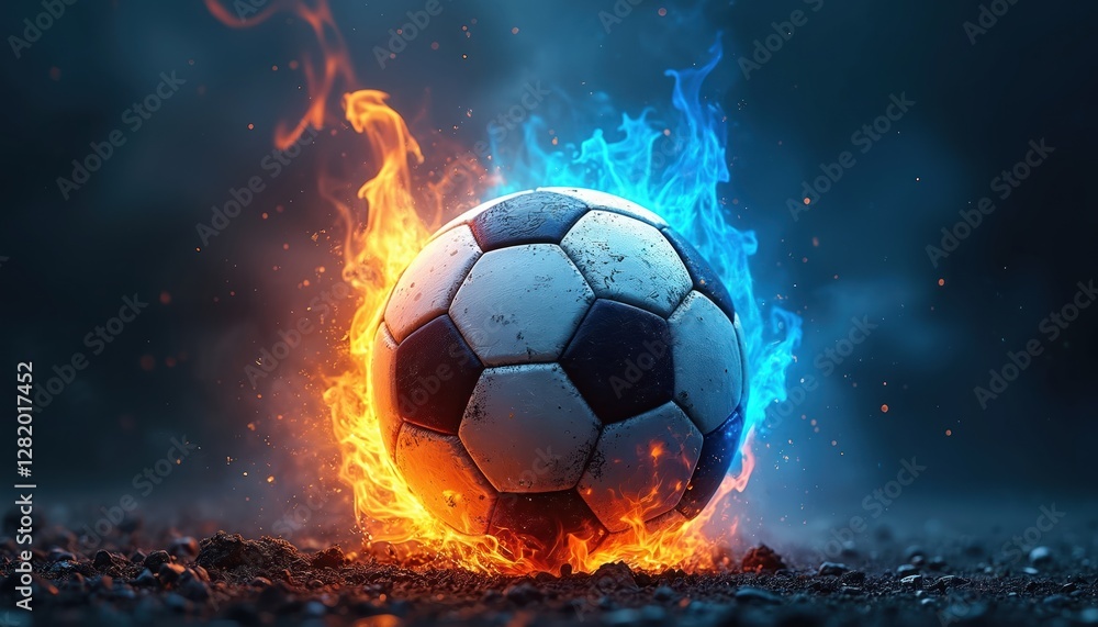 Naklejka premium Burning soccer ball enveloped in red, blue flames. Intense action, energy on dark background. Concept for sport, competition, power, magic, penalty. Passion and explosive motion in dynamic image.