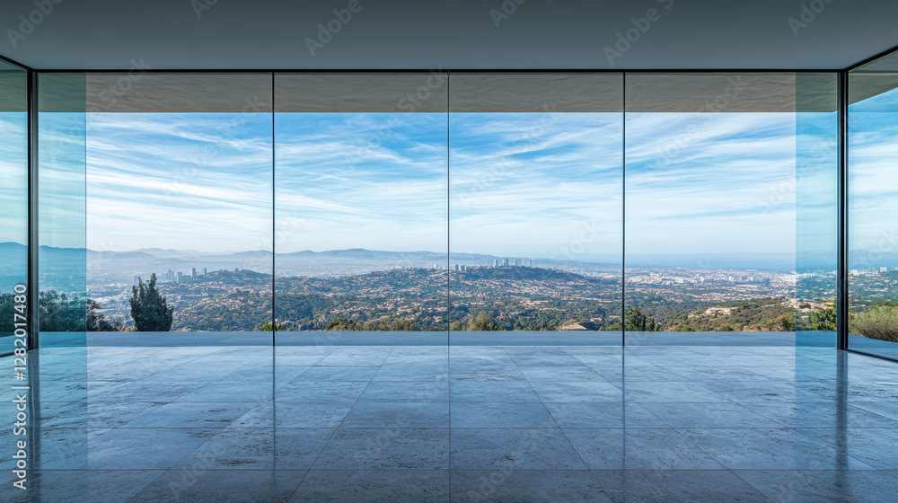 Fototapeta premium Modern Interior with Panoramic View of Cityscape and Mountains