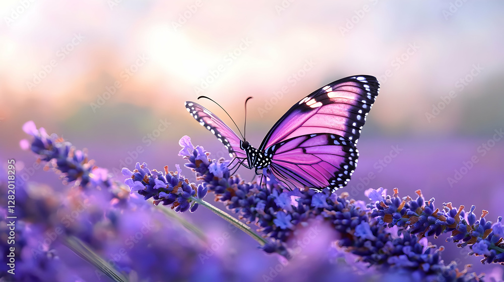 Pink butterfly on lavender, sunset, field, nature, serenity Pink butterfly on lavender, sunset, field, nature, serenity