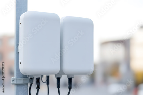 Two white electronics boxes mounted on a metal pole with blurred city background. photo