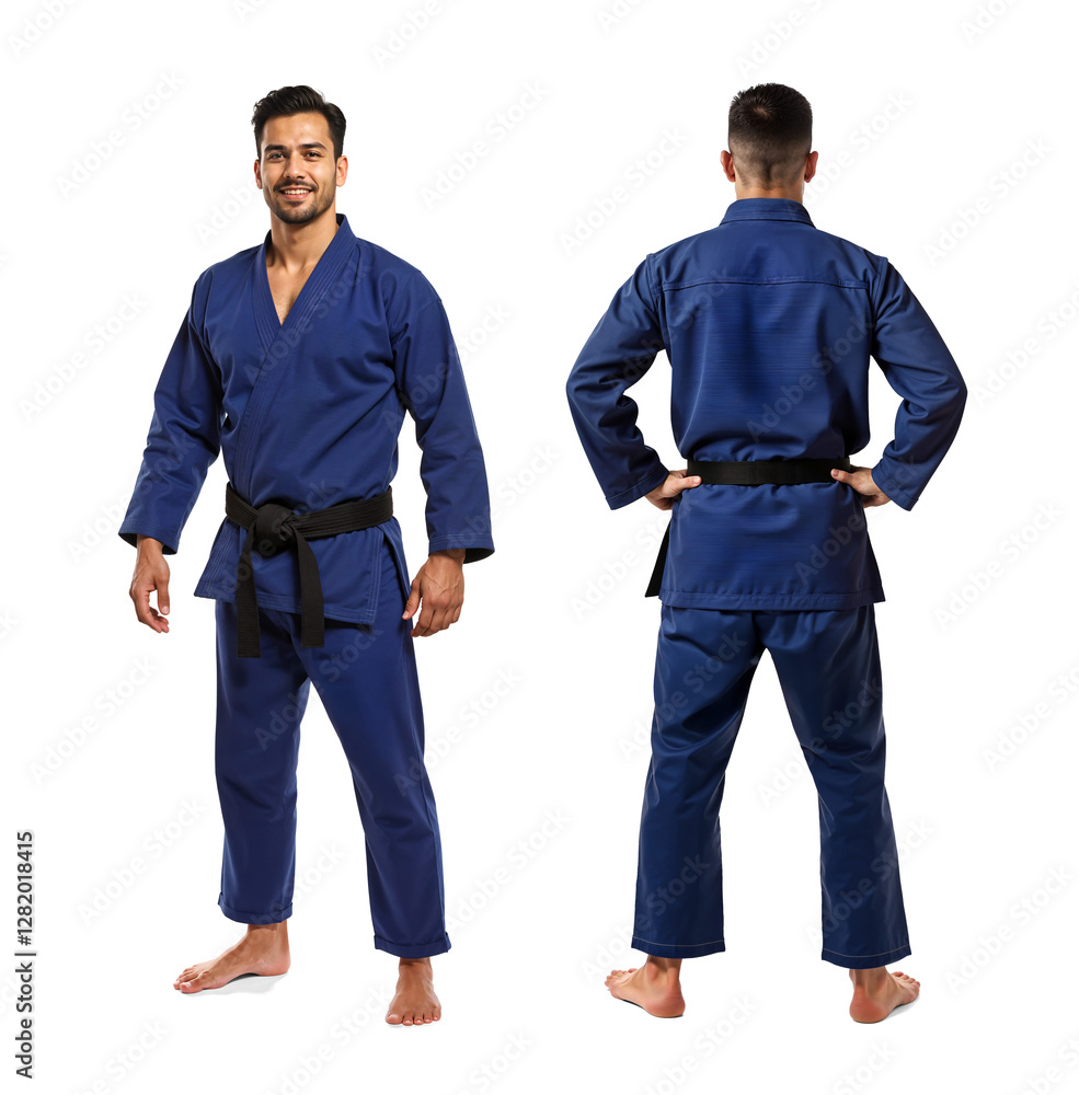 Mockup of dark blue Jiu Jitsu gis uniform with view from front and back, isolated