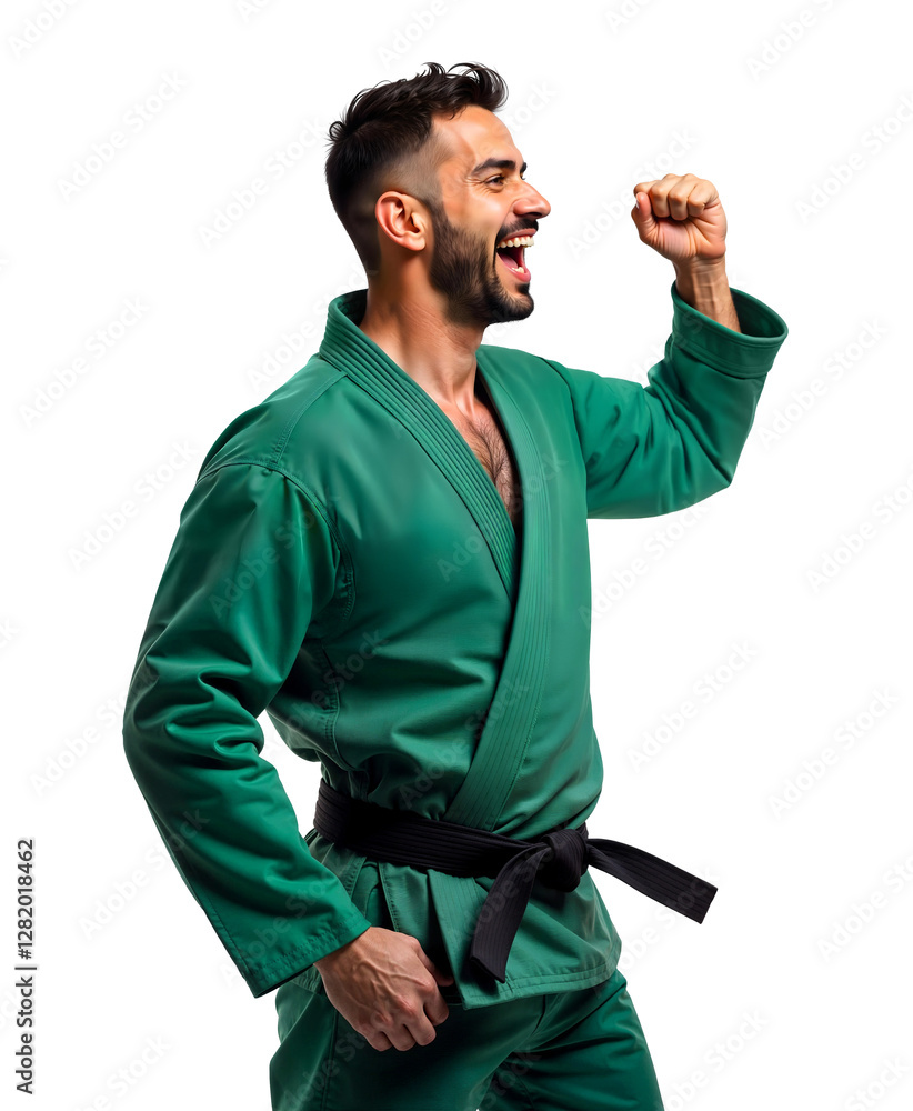 Male Martial Artist in Green Gi Smiling in Celebration on Isolated Background