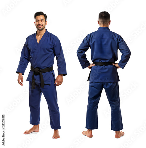 Obraz na płótnie Mockup of dark blue Jiu Jitsu gis uniform with view from front and back, isolated w salonie