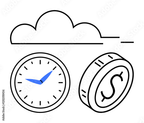 Cloud outline floating over a clock with blue hands and a dollar coin. Ideal for time management, cloud technology, financial planning, business efficiency, productivity, modern economy, abstract