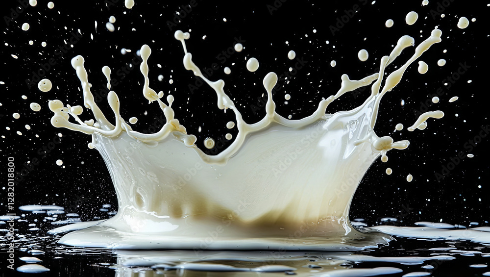 Milk Splash Hitting a Black Background, the White Liquid Splashing Upwards. Isolated Backdrop for Food / Drink Milk Splash Hitting a Black Background, the White Liquid Splashing Upwards. Isolated Backdrop for Food / Drink