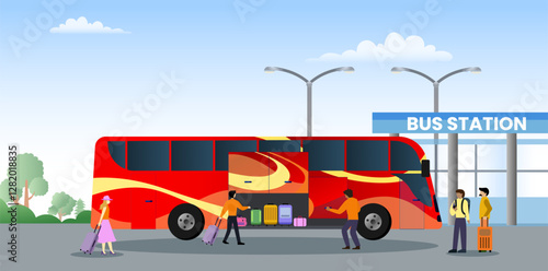 bus employee loading passengers' luggage at the bus station, bus passengers waiting to get onto the bus for a holiday trip, bus station activity concept