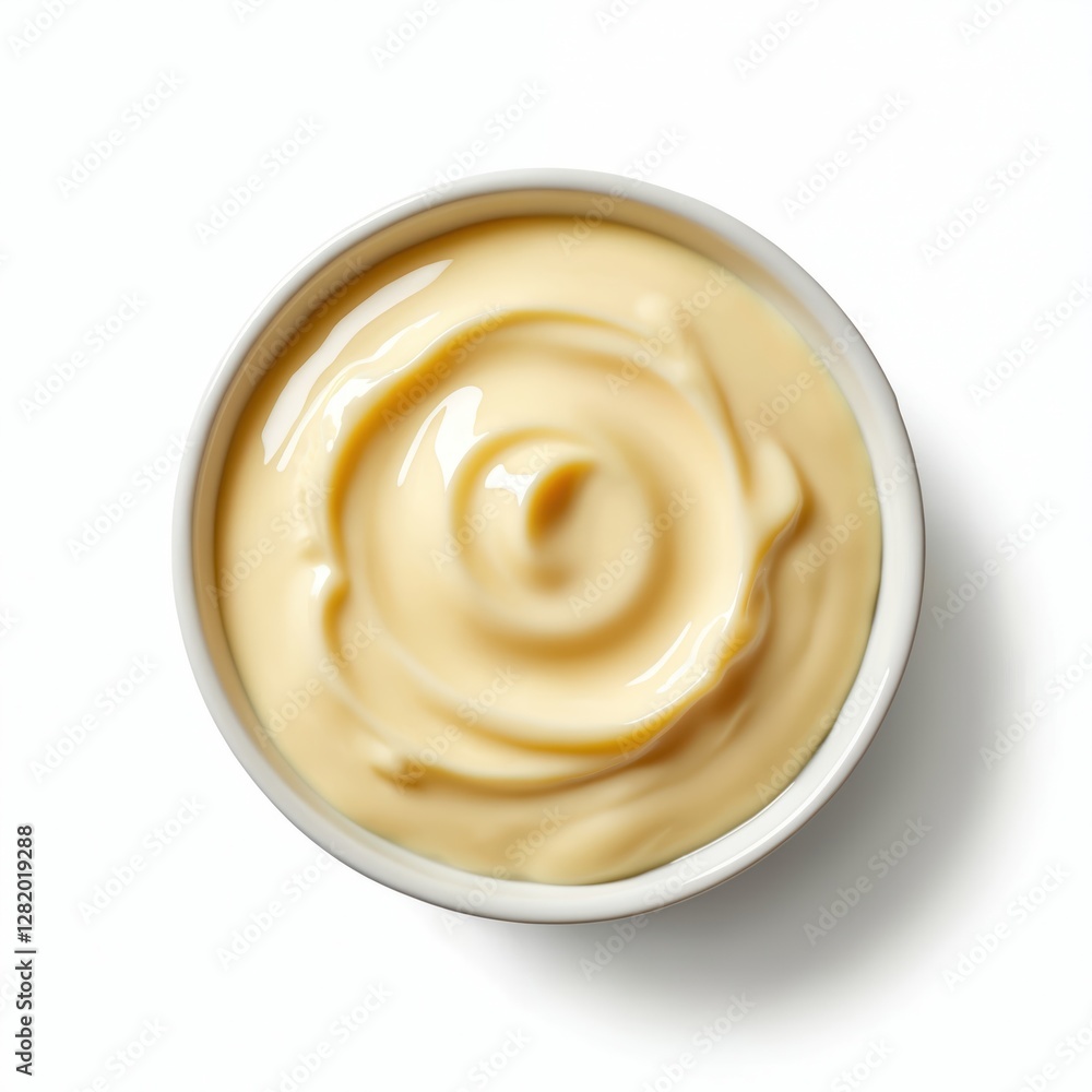 Top view close-up of mayonnaise in bowl isolated on white background. Sauce made from milk, eggs, oil used for seasoning food, cooking, salads. Popular condiment at fastfood. High-fat, creamy Top view close-up of mayonnaise in bowl isolated on white background. Sauce made from milk, eggs, oil used for seasoning food, cooking, salads. Popular condiment at fastfood. High-fat, creamy