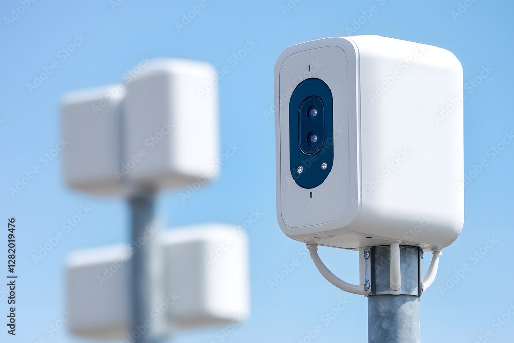 Modern white security camera mounted on a pole. The camera features a lens array and is set against a clear blue sky, ensuring public safety and monitoring. Modern white security camera mounted on a pole. The camera features a lens array and is set against a clear blue sky, ensuring public safety and monitoring.