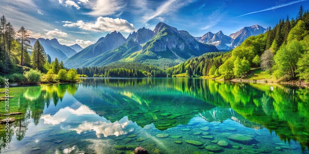 Fototapeta premium Vast mountain lake, spectacular views; mirrored reflections.