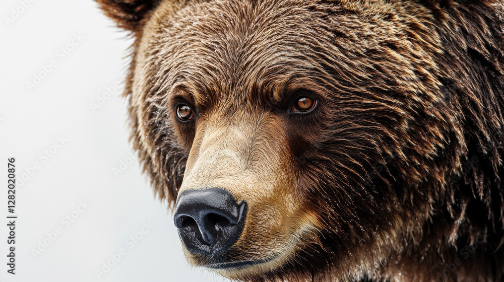 Hyper-realistic close-up portrait of a majestic brown bear with deep, intense eyes
Hyper-realistic close-up portrait of a majestic brown bear with deep, intense eyes