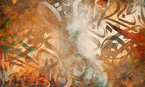 Fotografie Arabic calligraphy wallpaper on a wall with brown Different colors background and old paper interlacing