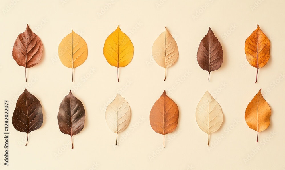 Obraz premium Autumn leaves arranged in rows on beige background.