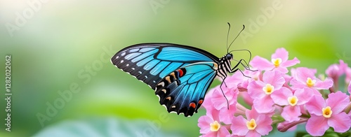 exotic butterfly perched A vibrant blue butterfly resting on delicate pink flowers, showcasing nature's beauty and transformation.
