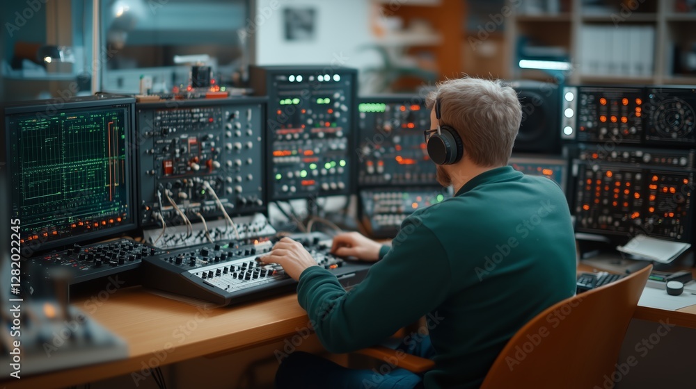 Musician explores sound in a modern studio with multiple synthesizers and screens Musician explores sound in a modern studio with multiple synthesizers and screens