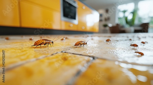 Cockroaches crawling on a wet kitchen floor with modern furniture in the background