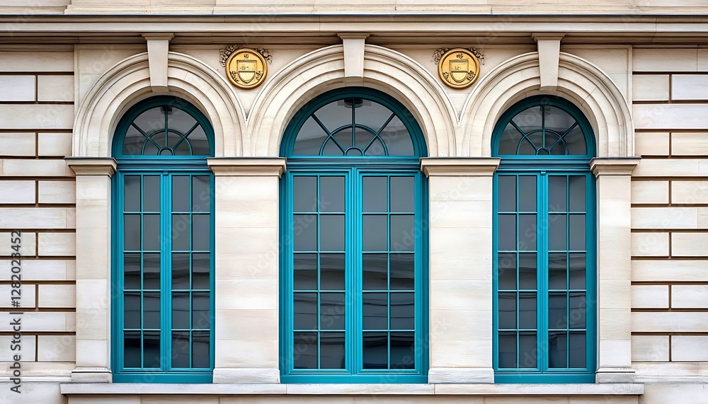 Fototapeta premium Teal windows, ornate stone facade