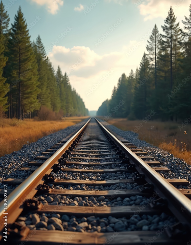 Obraz premium Perspective view of single railway track disappearing into distance. Industrial landscape with railroad stretches through forest belt. Transport infrastructure, rail line for train logistic delivery,