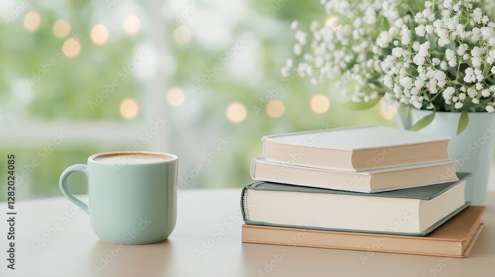Cozy home workspace with a cup of coffee, stack of books, and flowers in a vase Cozy home workspace with a cup of coffee, stack of books, and flowers in a vase